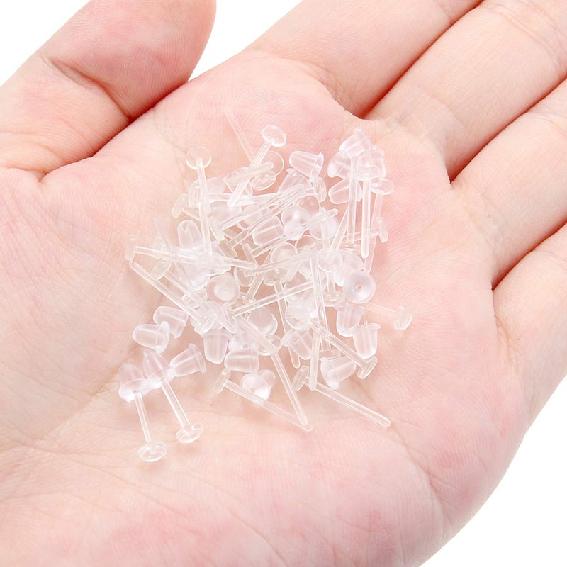 Ftovosyo 40 Pairs Invisible Plastic Earring Posts Clear Ear Hole Retainer Earring Studs Clear Ear Spacers Piercing Jewelry for Men Women, Silicone Rubber Backs Earnuts Flat Top - Image 3